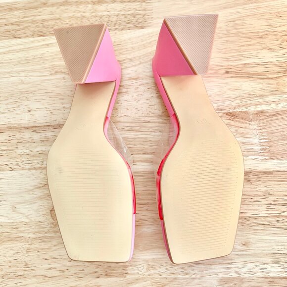 Women's 8.5 Hot Pink/Clear Block Heel Square Toe Mule Slide Summer Sandals - Picture 10 of 11